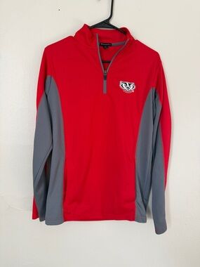Champion Red and Gray Quarter-Zip Pullover with Wisconsin Badger Patch